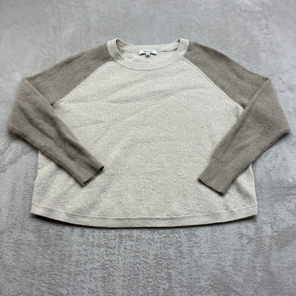 Madewell Waffle Knit Sweater Women M Cream Taupe Colorblock Raglan Wool Blend